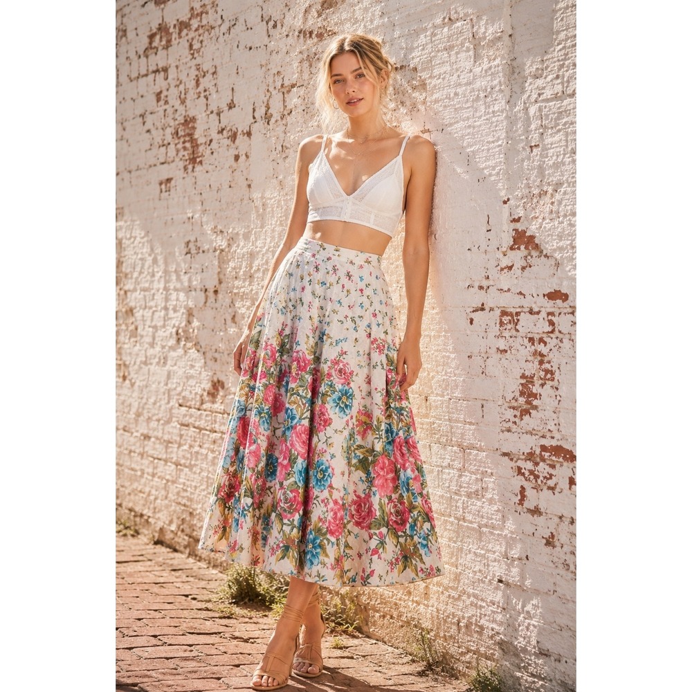 Vintage Floral Midi Skirt Cotton Pleated A Line Cottagecore Garden Size 10